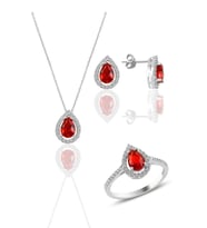Söğütlü Silver Gümüş rodyumlu kırmızı taşlı damla modeli üçlü set