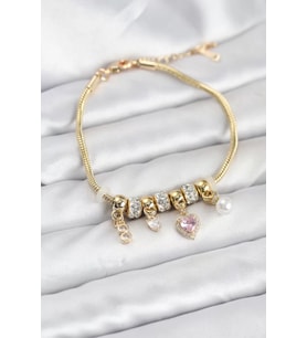 Pirinç Gold Renk Pembe Kalp Charmlı Kadın Bileklik - TJ-BB8191
