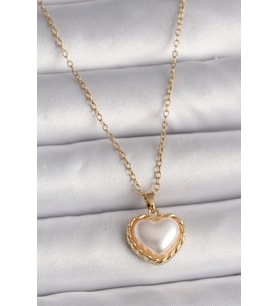 316L Çelik Gold Renk Zincir 3D İnci Kalp Model Kadın Kolye 5886 - SSSSSS2335-2010