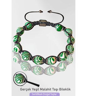 Sertifikalı Makrome Doğal Yeşil Malahit Taşı Bileklik - Ayarlamalı (Çok Renkli)