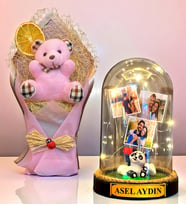 Sizlere Özel İsimli 3 Fotoğraflı Led Işıklı Fanus ve Pembe Peluş Ayıcık Buketi (Model 4)