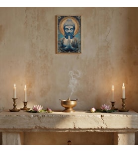 Mavi Buddha Meditasyon Ahşap Tablo - Aydınlanma ve İçsel Huzur Dekoru - 16x25 cm Özel Baskı