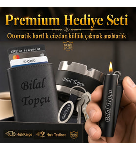 Hemen Kargo Sevgiliye Eşe Babaya Arkadaşa Hediye Seti - Mekanizmalı Otomatik Kartlık Cüzdan Clipper Çakmak Küllük ve Anahtarlık