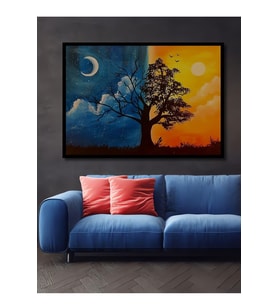 Çerçeve Görünümlü Dekoratif Ahşap Kare Gün ve Gece Ağacı Tablosu Ev/Ofis/İşyeri Tablo