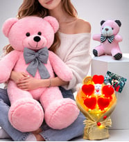 Pembe Büyük Peluş Ayıcık, Kişiye Özel Fotoğraflı Led Işıklı Buket ve Anahtarlık Seti (Model 5)