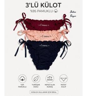 Intive Sugar 3'lü Yandan Saten Bağlamalı %95 Pamuklu Lolita Külot Set (Somon,Lacivert,Bordo)