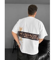 Erkek T-Shirt Ön ve Arka Baskılı Oversize Bisiklet Yaka tişort - Beyaz