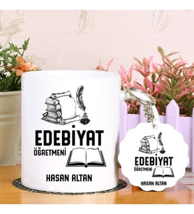 Edebiyat Öğretmeni Kupa Bardak ve Anahtarlık Hediye Seti (Model 1)