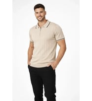 pilelistore- Erkek Fermuarlı Yaka Fitilli Triko Kısa Kollu Regular Fit Tişört T-shirt - Bej