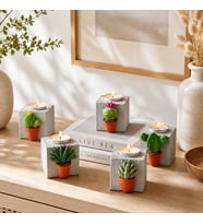 5’li Set El Yapımı Beton Tealight Mumluk - 3 Boyutlu Seramik Rölyefli Egzotik Bitki ve Sukulent Detaylı Küp Mumluk Seti - Modern Dekoratif Tasarım Objeleri