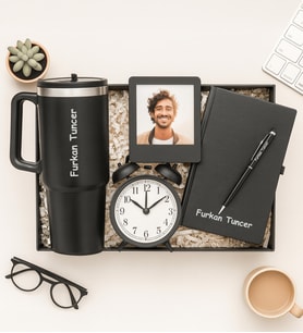 Kişiye Özel Fotoğraflı Çerçeve,Defter,Kalem,Masa Saati Ve Termos Hediye Seti (Siyah)