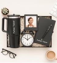 Kişiye Özel Fotoğraflı Çerçeve,Defter,Kalem,Masa Saati Ve Termos Hediye Seti (Siyah)