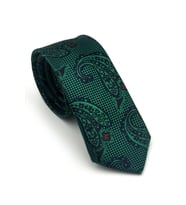 Zümrüt Yeşil Şal Desenli Lacivert Dokuma Kumaş Mendilli Slim Fit Kravat // SDK-2606-5
