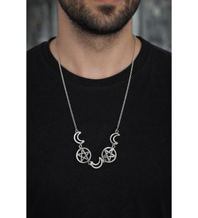 Triple Moon Pentagram Gümüş Renk 60 cm Zincir Unisex Metal Kolye
