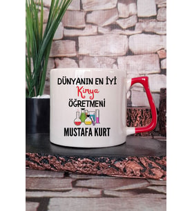 Dünyanın En İyi Kimya Öğretmeni Baskılı Kişiye Özel Öğretmenler Günü Kırmızı Kulplu Kupa Bardak