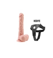 Et Dokulu Vantuzlu 19cm Dildo Belden Bağlamalı Kemer Hediyeli (Ten)