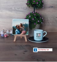 Babalar Günü Hediyesi Fotoğraflı Dekoratif Taş, Ahşap Altlıklı Türk Kahvesi Fincanı Hediye (Model 7)