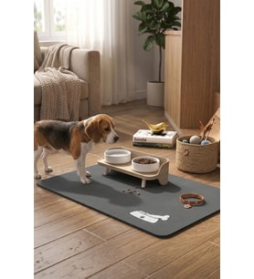MAtGo Pati Beslenme Matı Kemik Figürlü Su Geçirmez Kaymaz Gri Kedi Köpek Mama Paspası 50x70cm