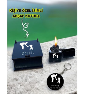 Kişiye Özel Isimli Babalar Günü Tasarım Siyah Benzinli Çakmak Ve Anahtarlık Özel Ahşap Kutusunda