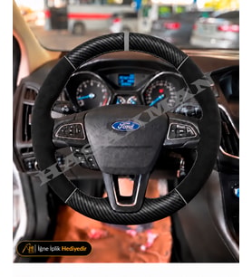Ford Focus Dikme Direksiyon Kılıfı Alcantara Süet Mat Karbon Gri Yüzük ve Dikiş Trend X-Style-Titanium 2014-2018