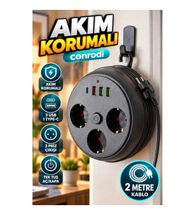 Akım Korumalı Çoklu Priz – 3 Priz, 3 USB, 1 Type-C ve 2 Metre Kablo