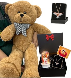 Renkli Zümdürü Anka Kuşu Kolyeli Fotoğraflı Premium Hediye Seti - Büyük Kahverengi Peluş Ayıcıklı (Model 2)