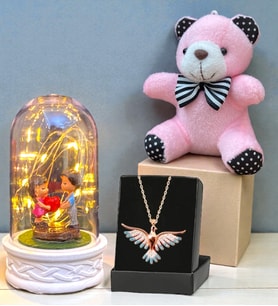 Renkli Anka Kuşu Kolye, Peluş Anahtarlık ve Led Işıklı Fanus Premium Hediye Seti (Model 8)