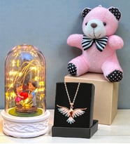 Renkli Anka Kuşu Kolye, Peluş Anahtarlık ve Led Işıklı Fanus Premium Hediye Seti (Model 8)