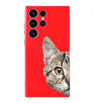 Samsung Galaxy S23 Ultra Uyumlu Lansman Kılıf Catface Tasarımlı İçi Kadife Kapak-Kırmızı (Şeffaf)