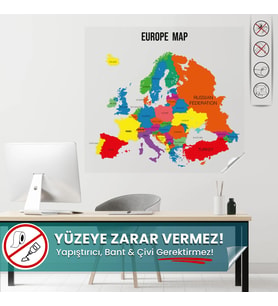 Avrupa Haritası, İz Bırakmaz, Yapışkansız Kendiliğinden Tutunan, Pratik, Statik Akıllı Kağıt Harita