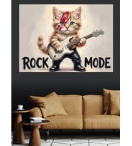 Rock Modu Kedi Gitarist İllüstrasyonu Dekoratif Kanvas - Mdf Ahşap Tablo