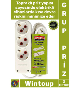 #Priz Dayanıklı Isıya Dirençli Beyaz Güvenli Uzatma Kablosu 3'lü Topraklı 3 Metre Kablolu Grup Priz