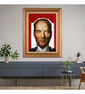 Altın Varaklı Çerçeveli Paspartulu Atatürk Tablo TR1390 (Gold)