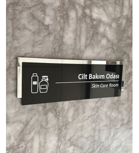Silver Aynalı Parlak Siyah Seri Cilt Bakım Odası Kapı Isimliği Yönlendirme Levhası