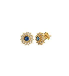Safir Taşlı Gold Yuvarlak Anturaj Minimal Çivili Gümüş Küpe