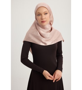 Wafa A1111 Jakarlı Parlak Saten Eşarp 110x110cm - Bej (Somon)
