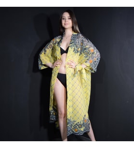 PAREDORA Sarı Siyah Dantel Desenli Kimono Pareo
