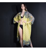 PAREDORA Sarı Siyah Dantel Desenli Kimono Pareo