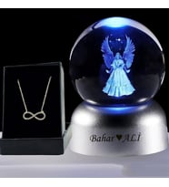 Kişiye Özel  Led Işıklı Cam Melek Küre Dolunay Lamba  Ve Sonsuzluk Kolye