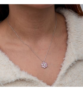 Pembe Zirkon Taşlı Çiçek 925 Ayar Gümüş Kadın Kolye