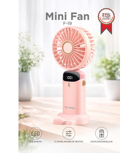 Torima Şarjlı Masaüstü Vantilatör Dijital Göstergeli 90 Derece Katlanabilir Mini Fan F19 Pembe