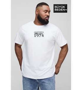 Erkek Büyük Beden California 1974 Baskılı Bisiklet Yaka Tshırt SPR25BTS906 (Beyaz)