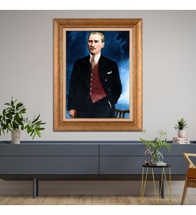 Altın Varaklı Çerçeveli Paspartulu Atatürk Tablo z5224 (Gold)