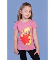 Toontoy Kız Çocuk Kalpli Ayıcık Baskılı Taş İşlemeli Tişört (Gül Kurusu)