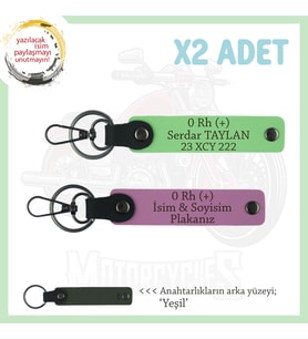 Hız Tutkunlarına Özel, İsim Plaka ve 0 Rh (+) Kan Grubu Yazılı Deri x2 Anahtarlık, Pembe-F Yeşil-Ysl (Çok Renkli)