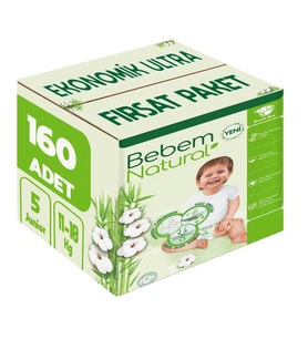 Bebem Bebek Bezi Natural Beden:5 (11-18Kg) Junior 160 Adet Ekonomik Ultra Fırsat Pk