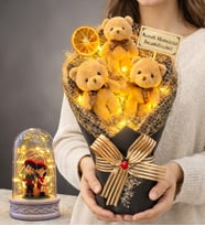Size Özel Büyük Boy Işıklı Peluş Ayıcık Buketi ve Işıklı Biblolu Fanus Hediye Seti (Model 4)