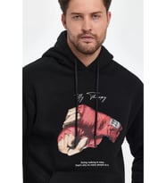 Unisex Kapüşonlu Üç İplik Oversize Baskılı Sweatshirt - Siyah