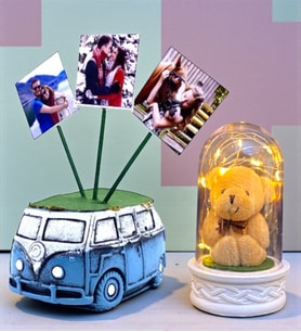 Kişiye Özel Hediye Seti Led Işıklı Fanus ve 3 Fotoğraflı Mavi Vosvos Saksı (Model 6)