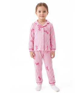 Kız Bebek Beyaz Pembe Fiyonklu Çizgili Pijama Takımı